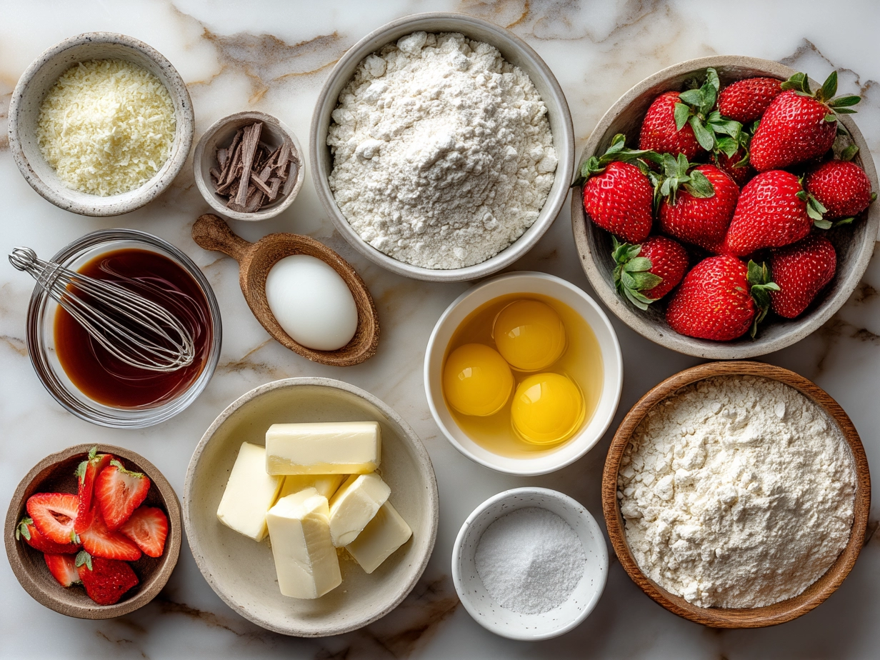 Ingredients for Strawberry White Chocolate Muffins arranged on a wooden table