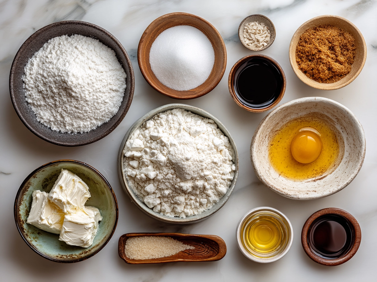Top down raw ingredients for sugar cookies on marble. Modern kitchen organized mise en place