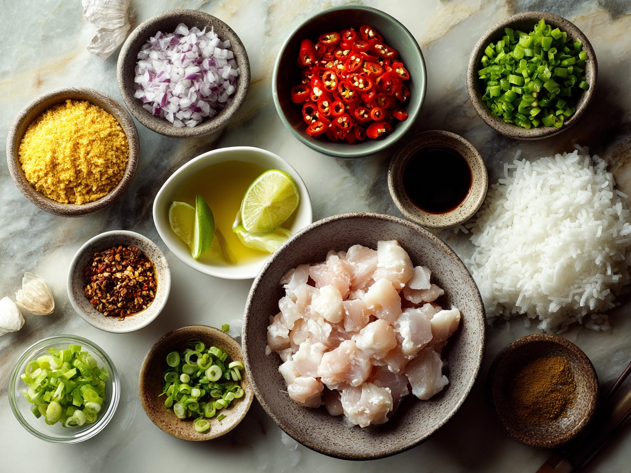 Top down raw ingredients for Sweet Chili Chicken Bowl on marble, modern kitchen organized mise en place