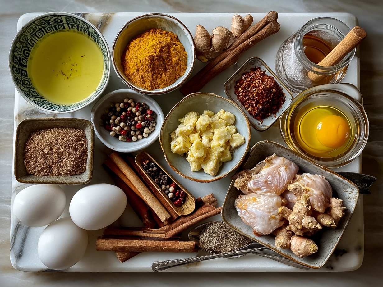 Top down raw ingredients for turmeric chicken soup on white marble