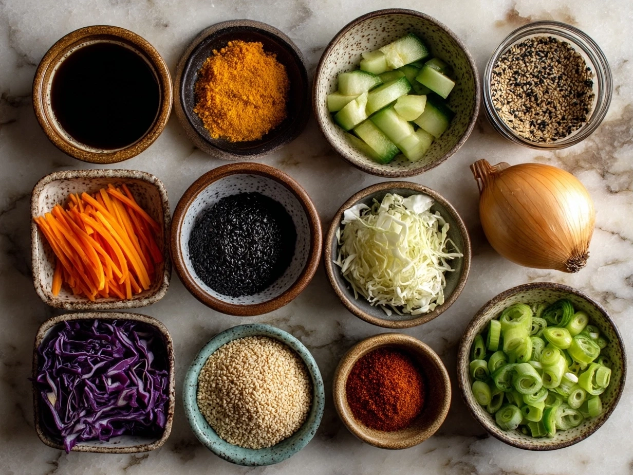 Top down view of raw ingredients for Vegetarian Crunchy Roll Bowls including carrots, cucumber, avocado, edamame, sushi rice, and nori strips