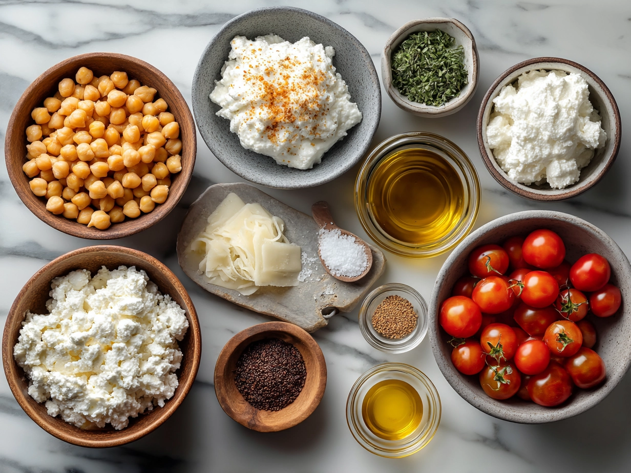 Top down view of raw ingredients for Cottage Cheese and Chickpea Salad