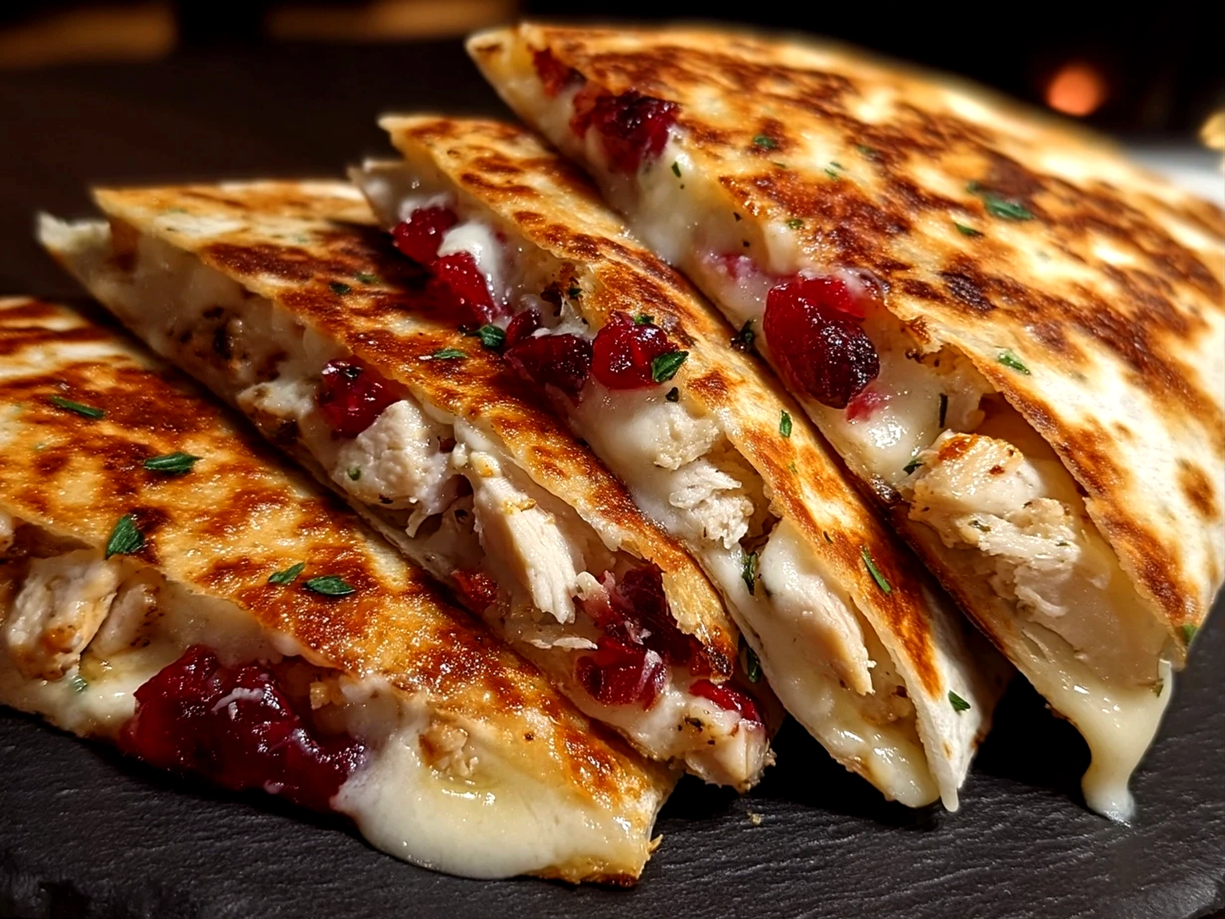 Warm, melted Turkey Cranberry Quesadillas served with a fresh green salad