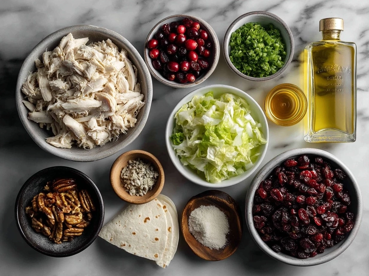 Ingredients for Turkey Cranberry Quesadillas including turkey, cranberry sauce, cheese, onions, and tortillas